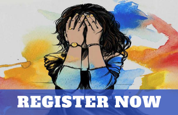 Graphic art of a married woman covering her face in fear with bursts of watercolor around her and the overlay text,