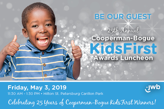 25th Annual Cooperman-Bogue Invitation with a little boy with two thumbs up and a big smile