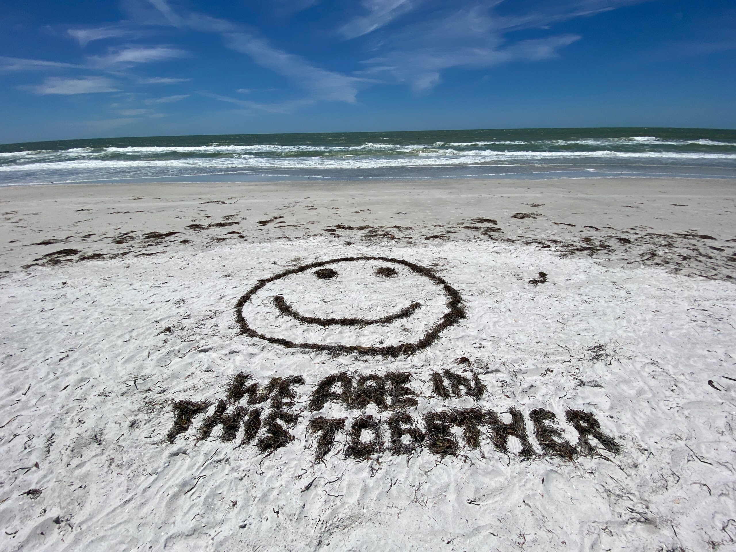 Photo of the beach with seaweed on the sand that says, 