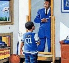 Little boy, African American, gazing into mirror and his reflection is a man he will become