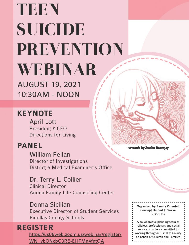 Flyer for the Teen Suicide Prevention Webinar being hosted on August 19th at 10:30 AM