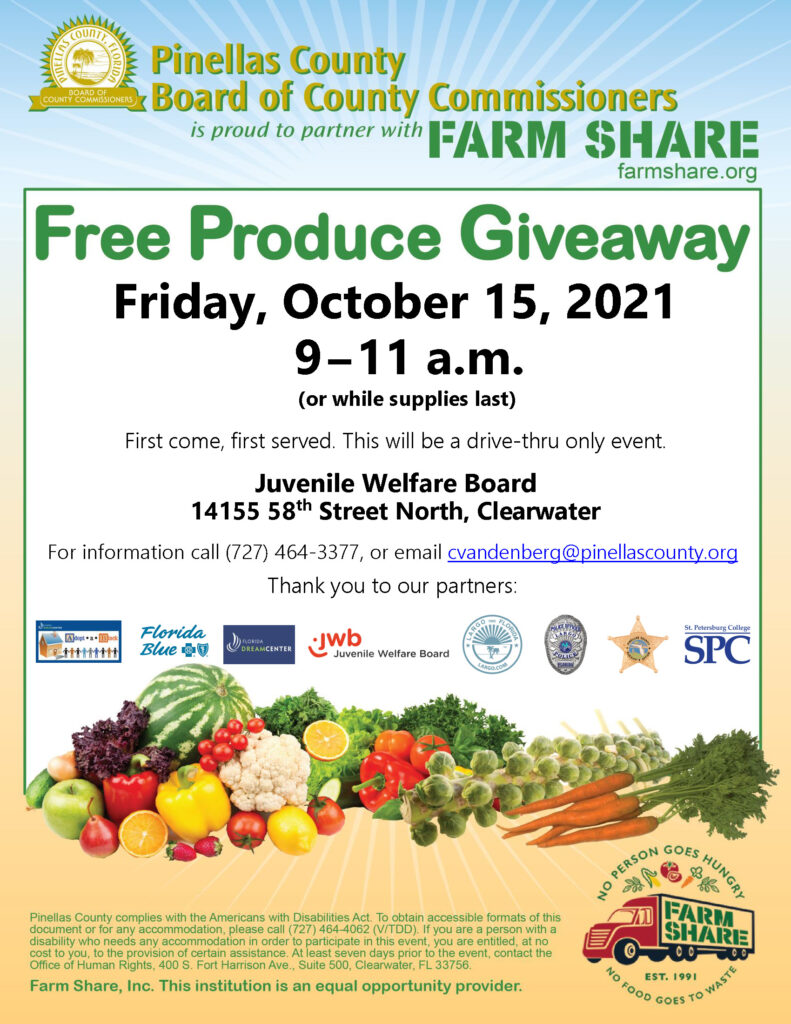 Farm Share is hosting a free produce giveaway on Friday, October 15 from 9AM to 11AM at the JWB office.