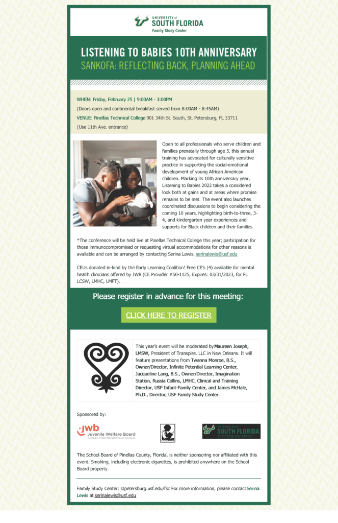 Open to all professionals who serve children and families prenatally through age 5, this annual training has advocated for culturally sensitive practice in supporting the social-emotional development of young African American children. Marking