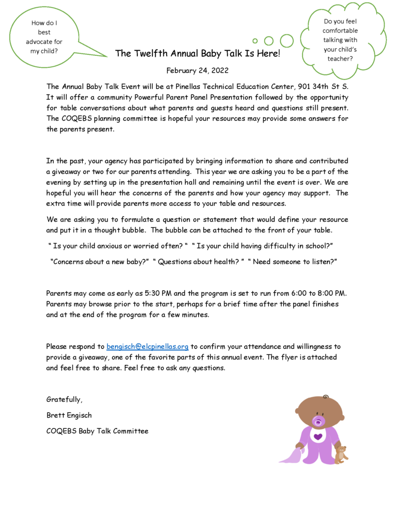 As families are navigating a pandemic and being the best as possible, we honor you as the experts and want to let you know that "You Are Not Alone". This workshop will uplift families as experts of children 0 - 5 years while supporting/connecting their needs. Be ready for an interactive evening of free childcare (ages 2+), dinner, parent stories, table discussion, Q&A, giveaways, and connections to resources. You are welcome to join us in person at Pinellas Technical College, 901-34th St S in St. Pete, or virtually via Zoom. Doors open at 5:30 PM. The Workshop starts at 6:00 PM.