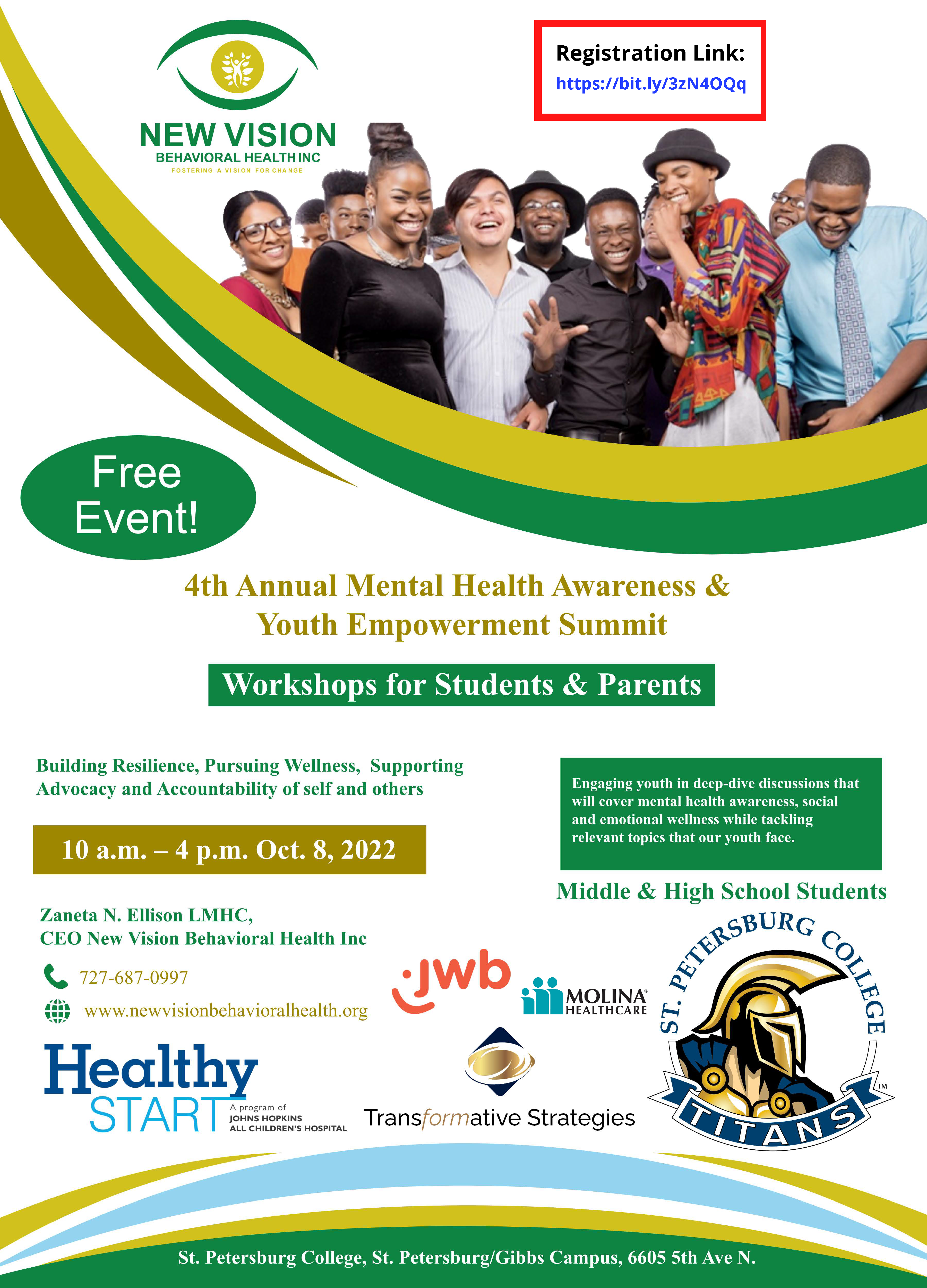 New Vision Behavioral Health Inc. is excited to announce its 4th Annual Mental Health Awareness & Empowerment Youth Summit. The event date is Saturday, October 8th, 10:00 a.m. – 4:00 p.m.