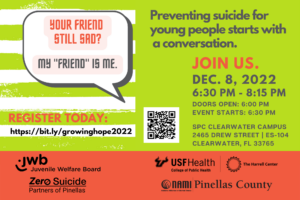 Join us for an event designed for youth to talk about issues they are experiencing that may impact their mental health. A panel discussion about various topics will take place. This event is meant for anyone, 10 years and older, who is interested. Thu, December 8, 2022, 6:30 PM-8:15 PM