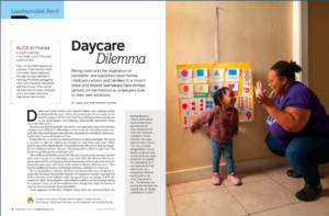 Interior spread of a Feb 2024 Florida Trend magazine article, "Daycare Dilemma," with quotes from JWB CEO Beth Houghton