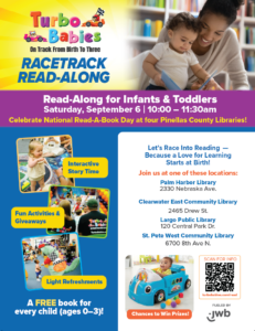 Event flyer for 9/6/25 Turbo Babies Readalong Events at 4 local libraries from 10-11:30 AM