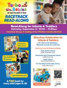 Event flyer for 9/6/25 Turbo Babies Readalong Events at 4 local libraries from 10-11:30 AM
